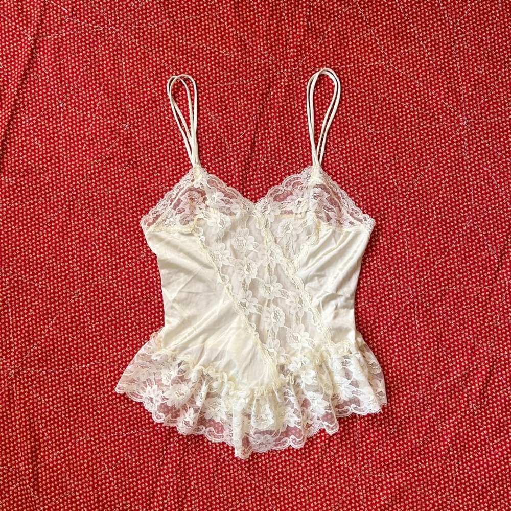 Vintage Val Mode Cream Lace Trim Camisole Tank Top Ivory Nylon Medium 70s